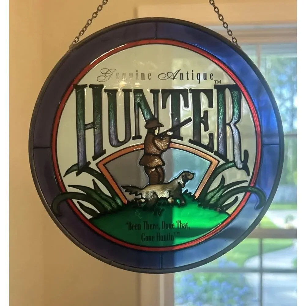 GENUINE ANTIQUE HUNTER Stained Glass Round Wall Hanger‎ Artist ANDE ROONEY